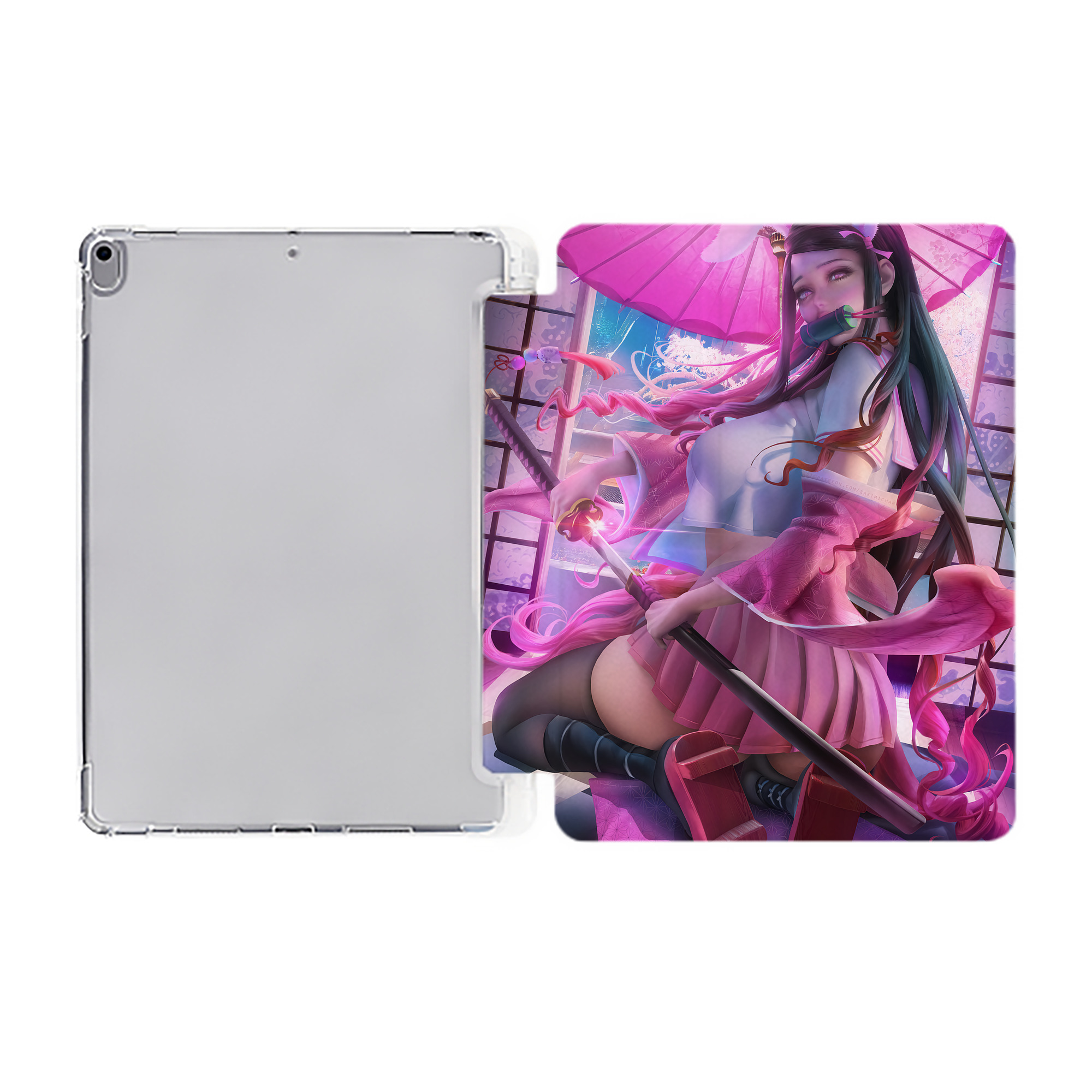（画像用） 鬼滅の刃（きめつのやいば）竈門 禰󠄀豆子／かまど ねずこ Kamado Nezuko IPad ケース ペン収納付き 三つ折りスタンド PUレザー×シリコン 対応機種9.5/10.5/10.9インチ